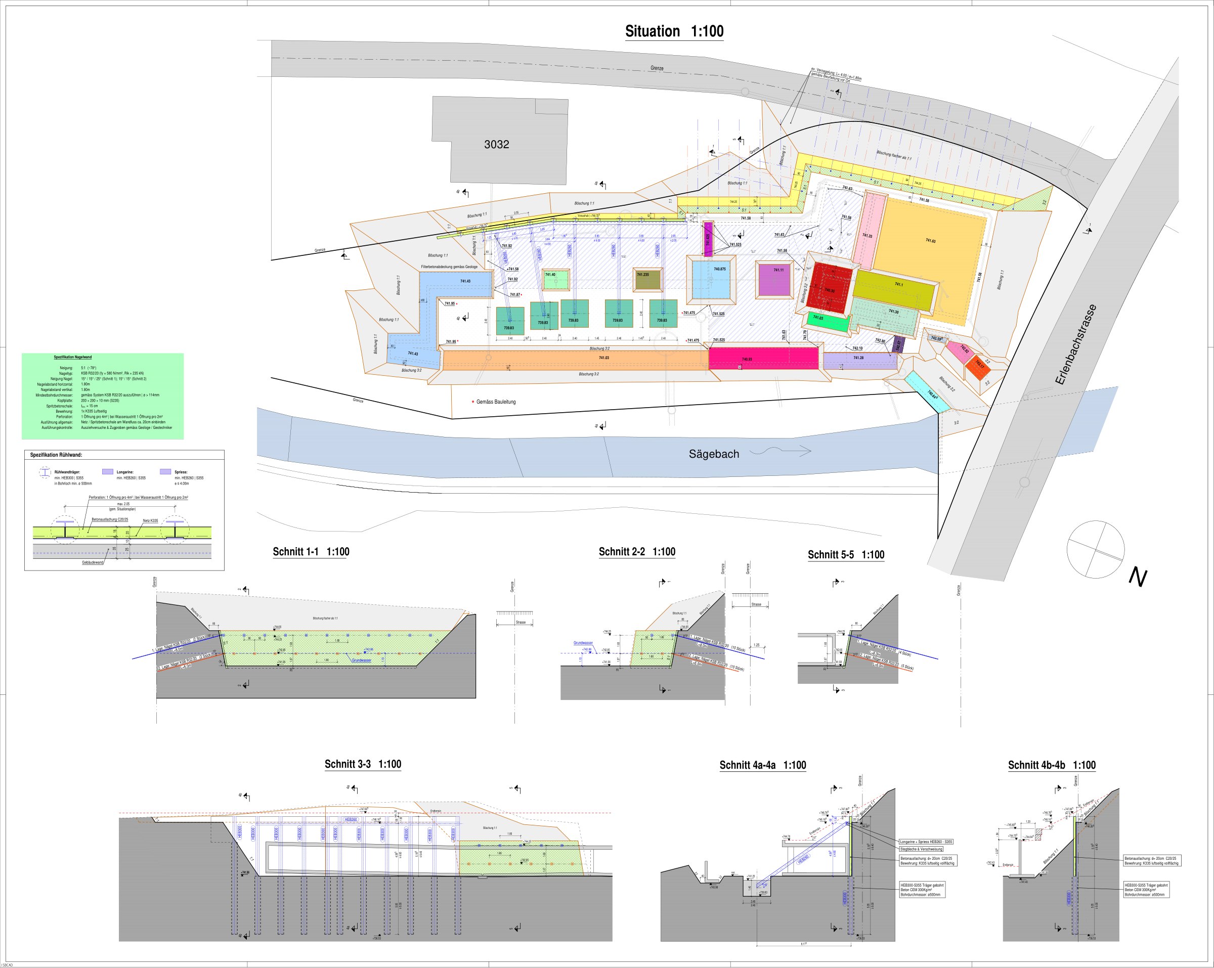 Plan de excavație — pereți berlinezi și perete ancorat