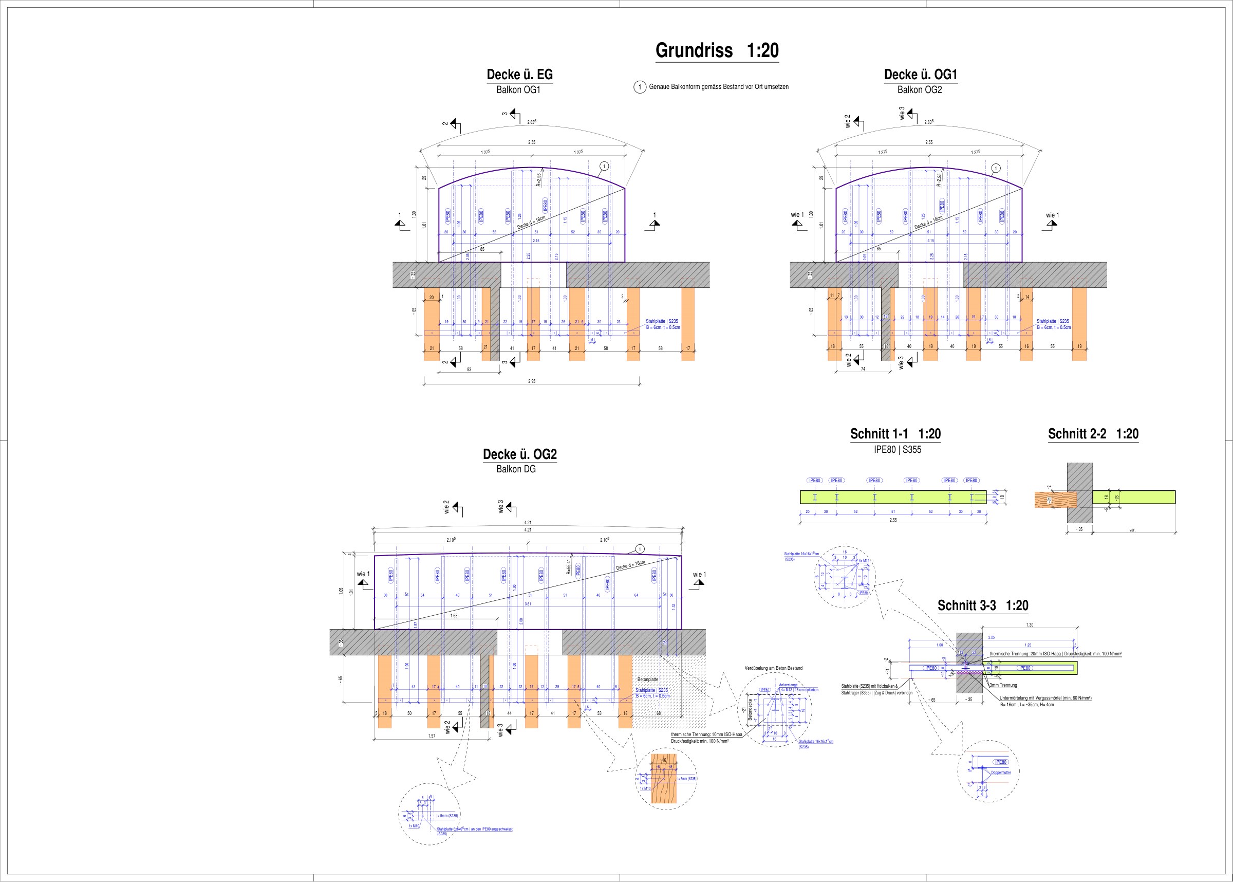 Balcon în structură existentă (Bestand) — plan cofraj cu profile IPE